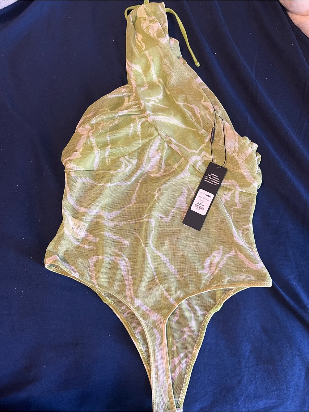 Fashion Nova Green Patterned One-Shoulder Mesh Bodysuit